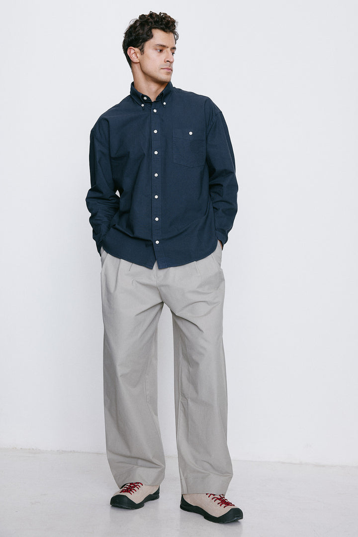 Unfeigned Long Sleeve Washed Oxford Shirt in Navy Blue | Buster McGee