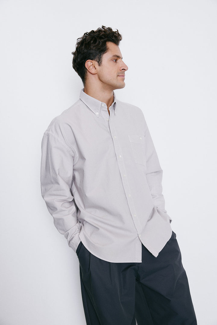 Unfeigned Long Sleeve Washed Oxford Shirt in Fog | Buster McGee