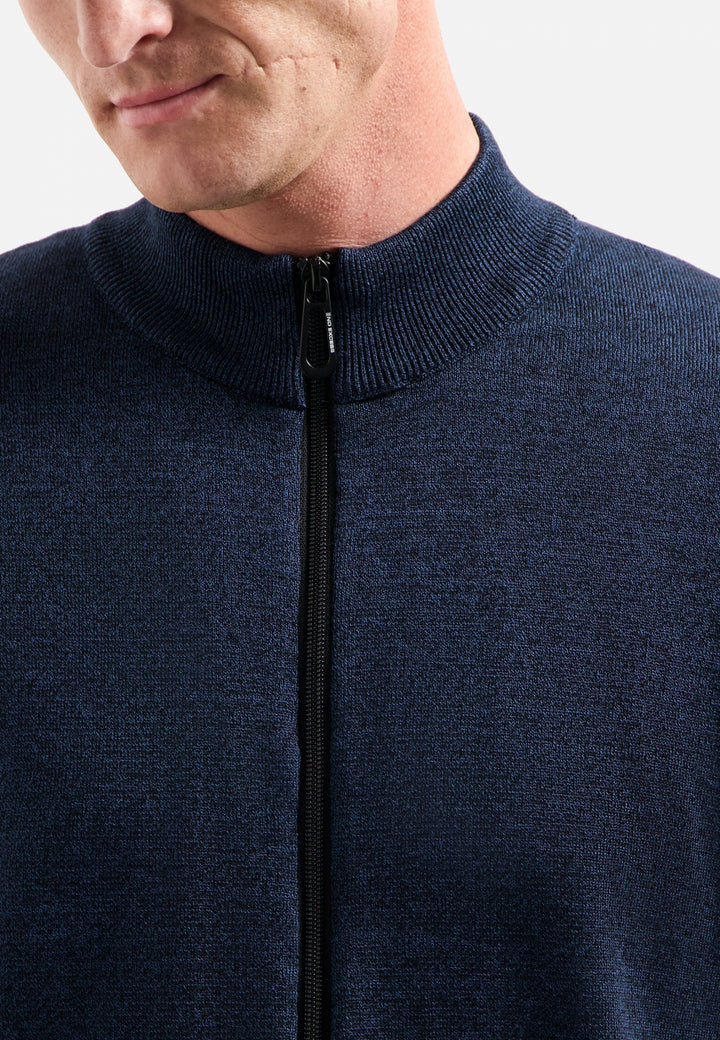 No Excess Timeless Basics Knitted Zip Melange Cardigan in Navy | Buster McGee