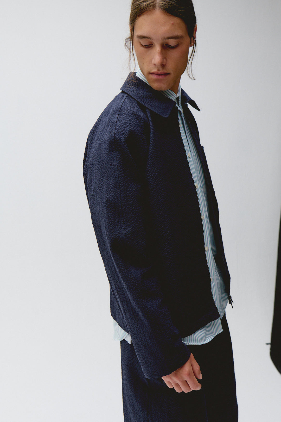 Unfeigned Our Coach Jacket in Dark Navy Seersucker | Buster McGee