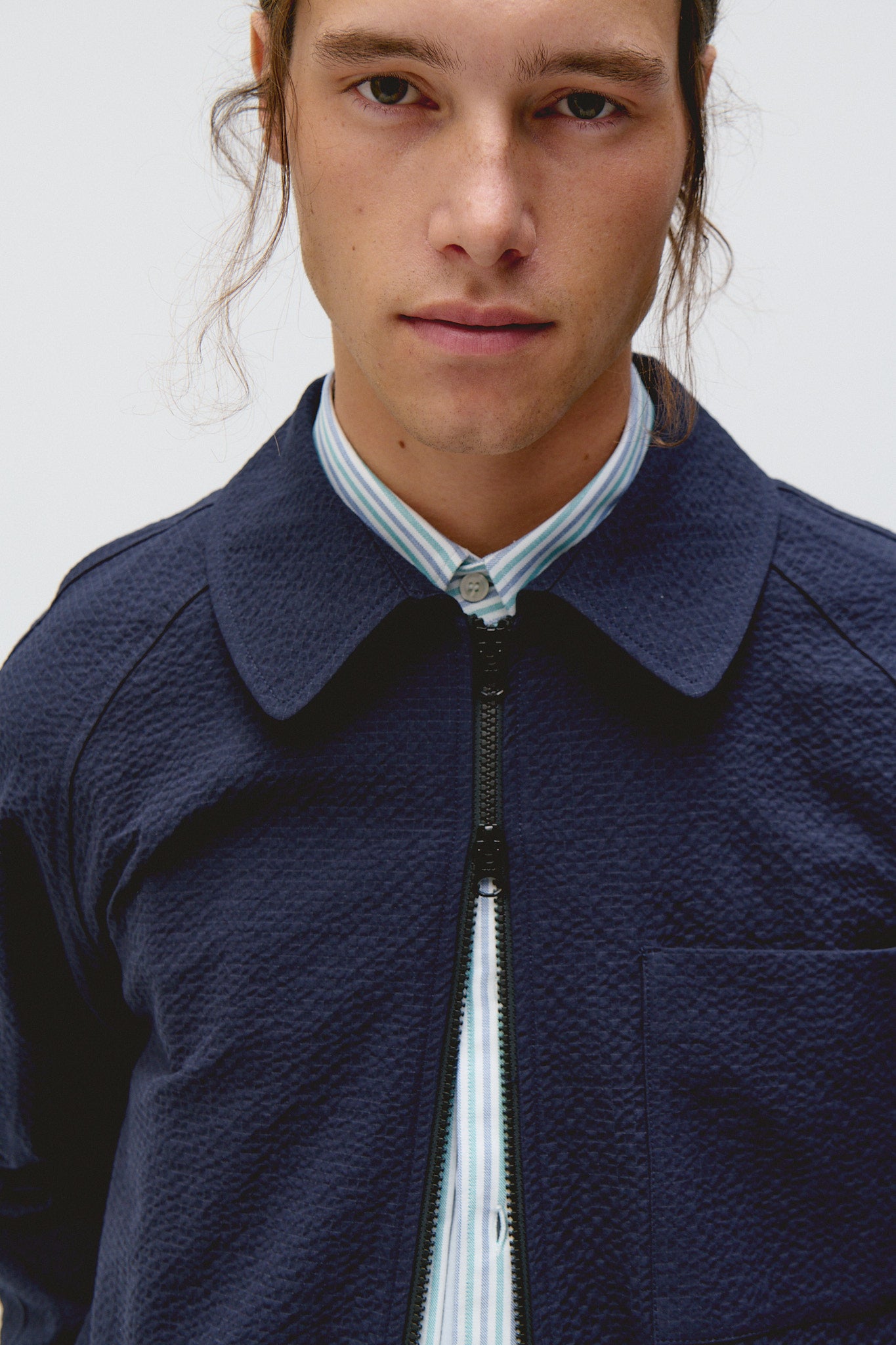 Unfeigned Our Coach Jacket in Dark Navy Seersucker | Buster McGee