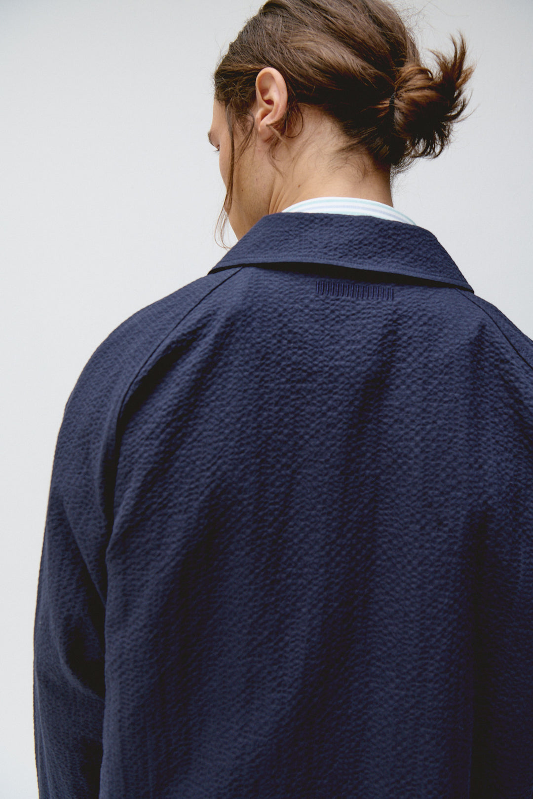 Unfeigned Our Coach Jacket in Dark Navy Seersucker | Buster McGee