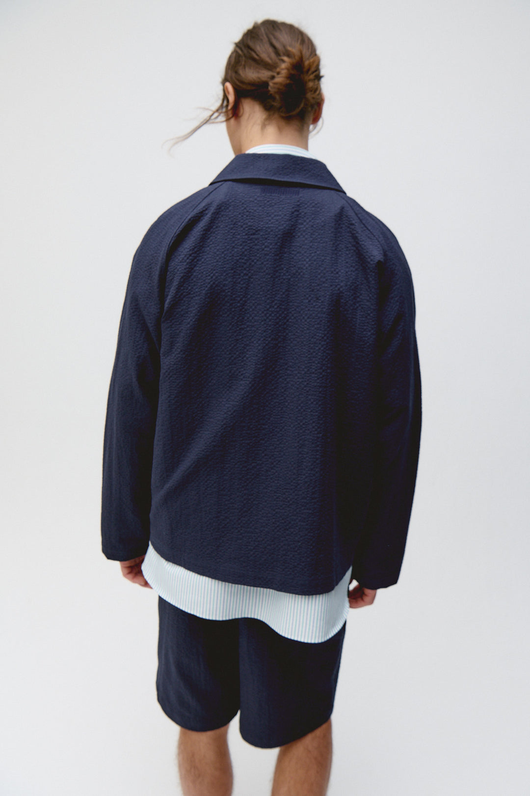 Unfeigned Our Coach Jacket in Dark Navy Seersucker | Buster McGee