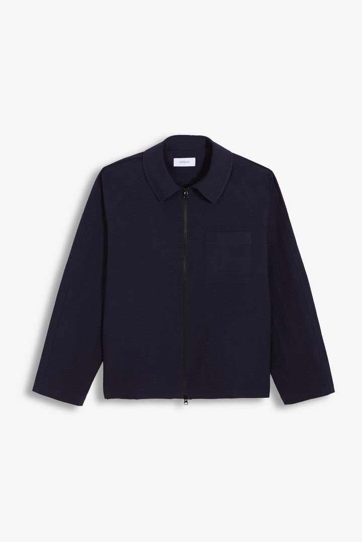 Unfeigned Our Coach Jacket in Dark Navy Seersucker | Buster McGee