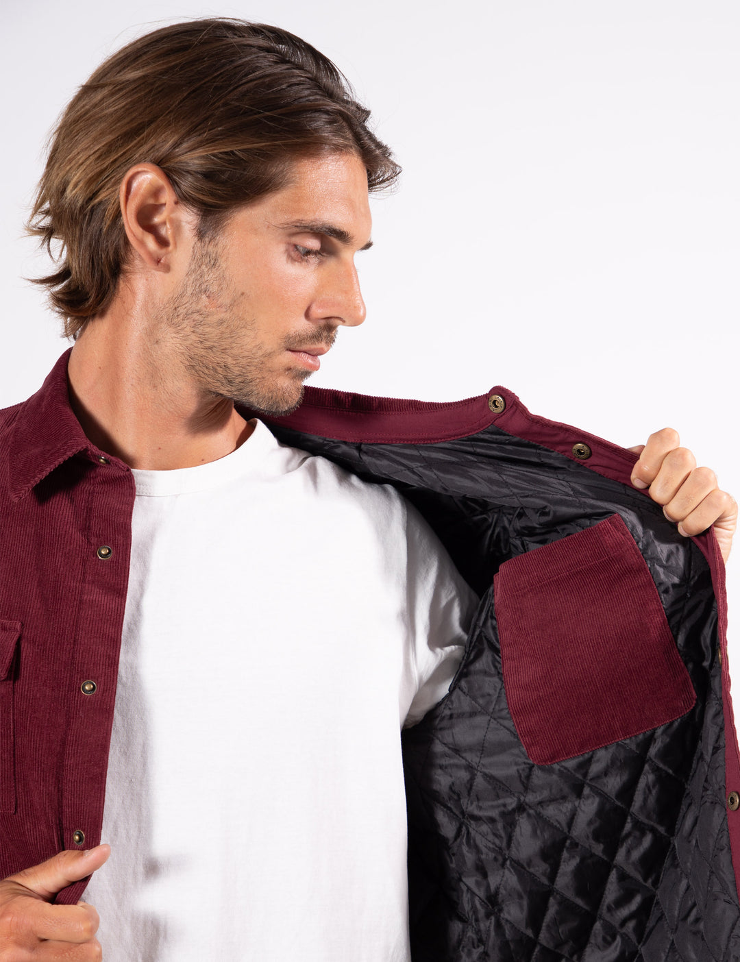 Mr Simple Quilted Cord Jacket in Cherry | Buster McGee