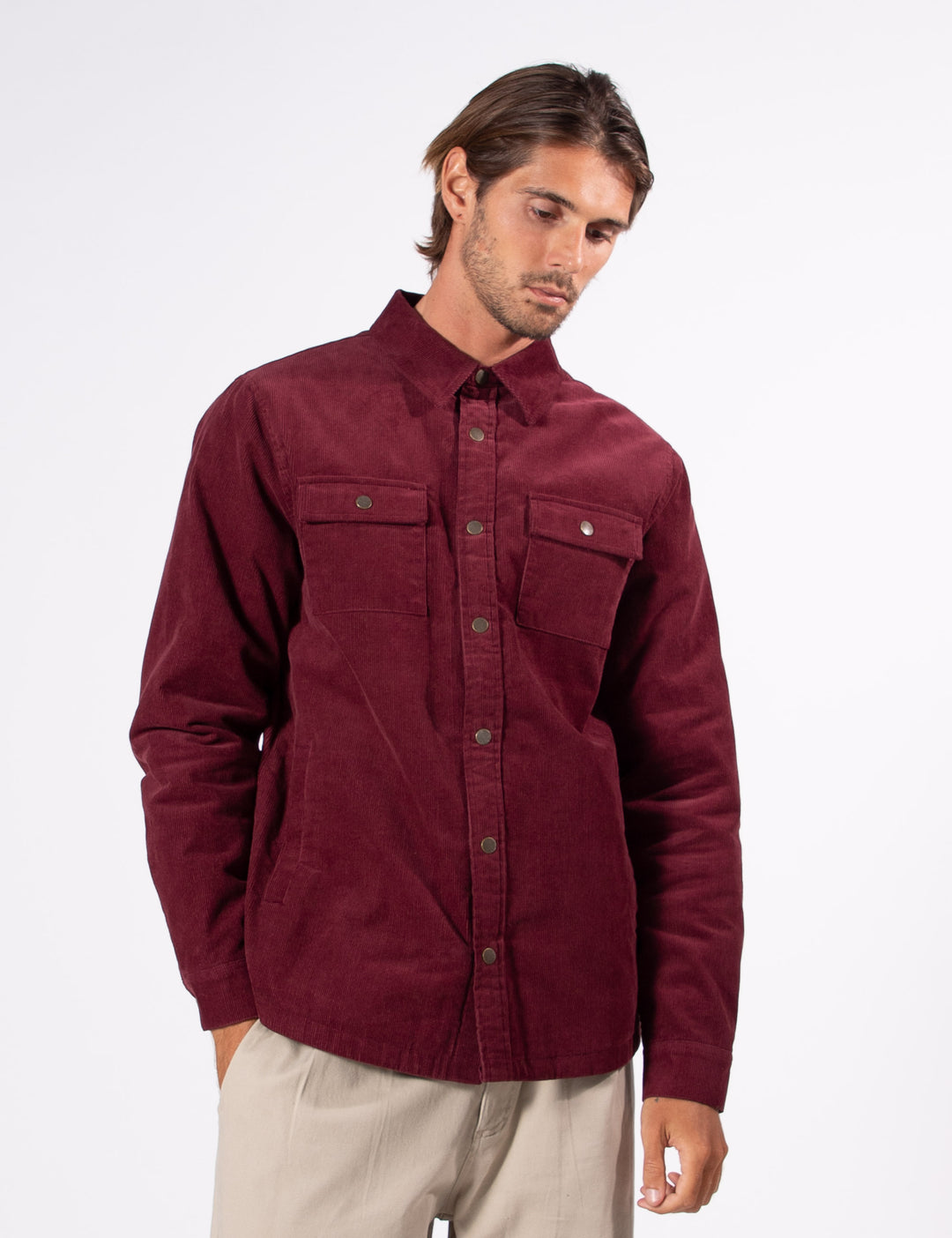 Mr Simple Quilted Cord Jacket in Cherry | Buster McGee