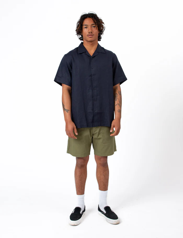 Mr Simple Cuban Linen Short Sleeve Shirt in Navy | Buster McGee