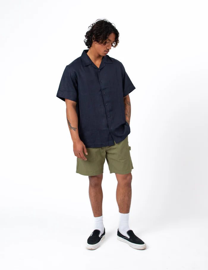 Mr Simple Cuban Linen Short Sleeve Shirt in Navy | Buster McGee
