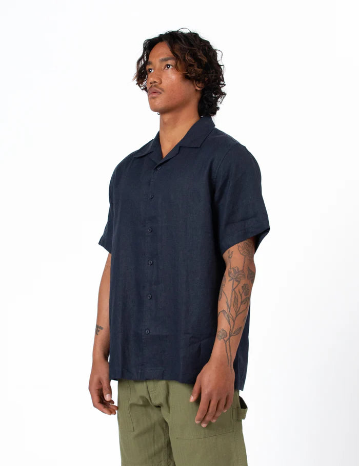 Mr Simple Cuban Linen Short Sleeve Shirt in Navy | Buster McGee