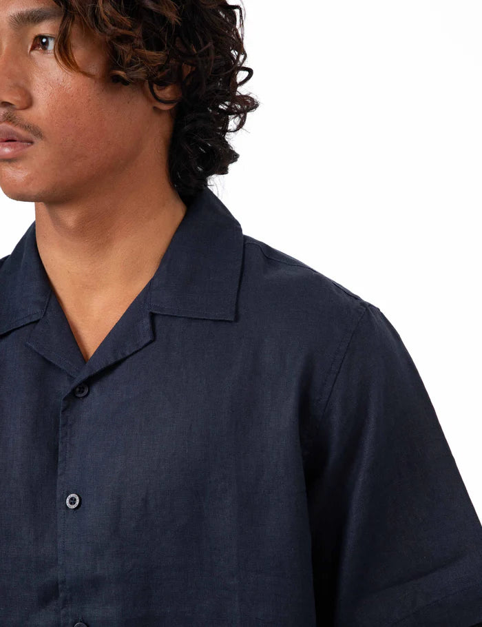 Mr Simple Cuban Linen Short Sleeve Shirt in Navy | Buster McGee