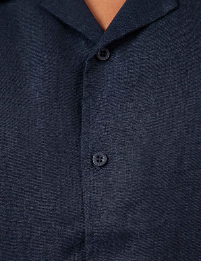 Mr Simple Cuban Linen Short Sleeve Shirt in Navy | Buster McGee