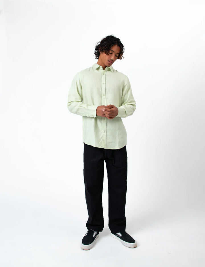 Mr Simple Linen Long Sleeve Shirt in Fog Green | Buster McGee
