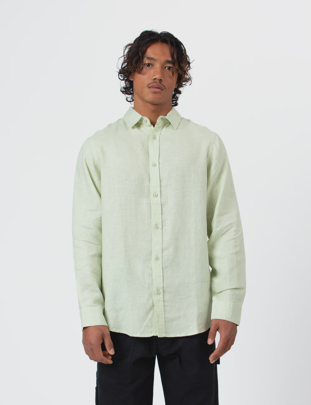 Mr Simple Linen Long Sleeve Shirt in Fog Green | Buster McGee