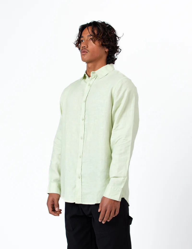 Mr Simple Linen Long Sleeve Shirt in Fog Green | Buster McGee