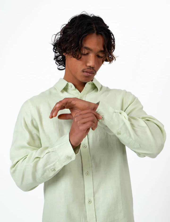 Mr Simple Linen Long Sleeve Shirt in Fog Green | Buster McGee