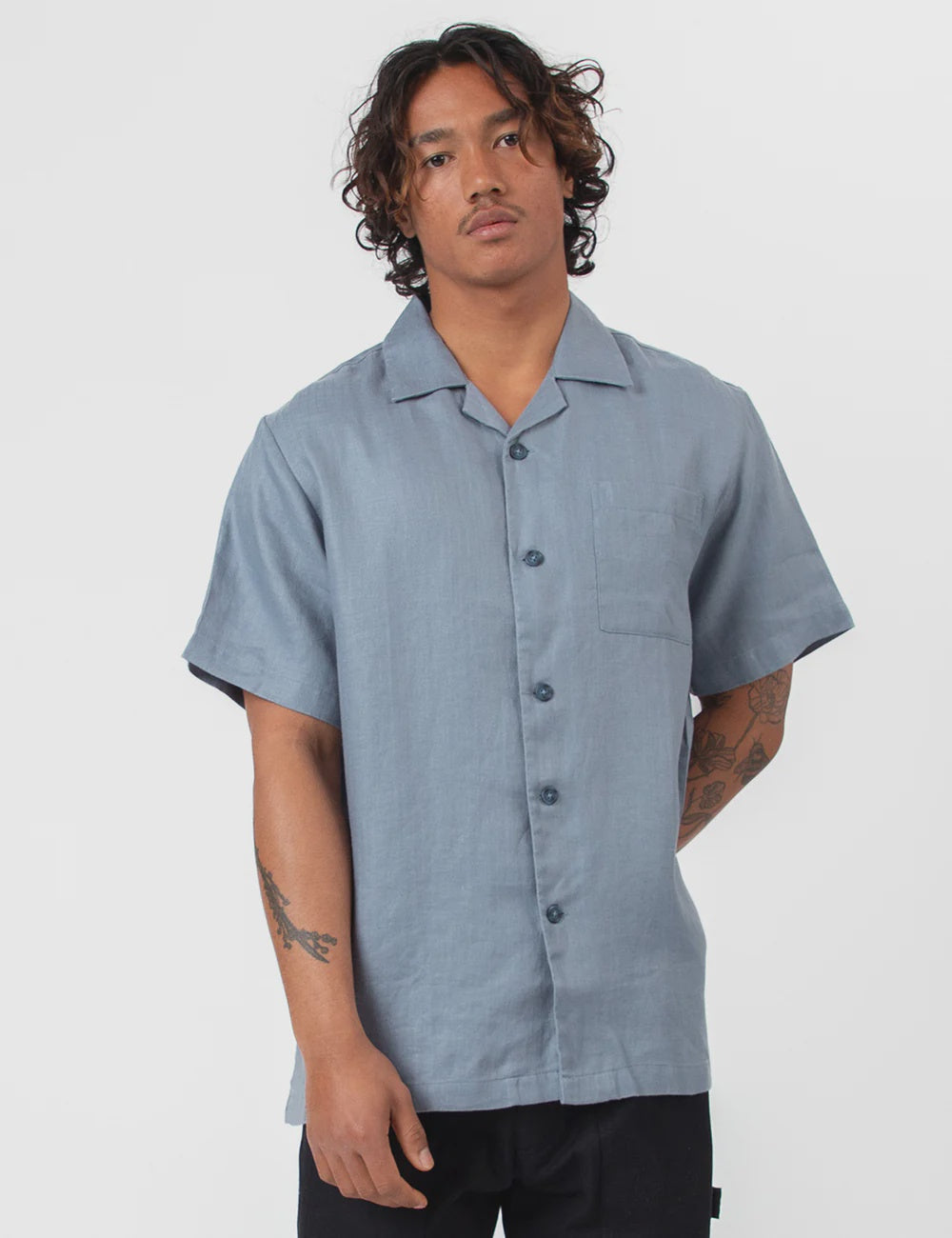 Mr Simple Cuban Linen Short Sleeve Shirt in Slate Blue | Buster McGee