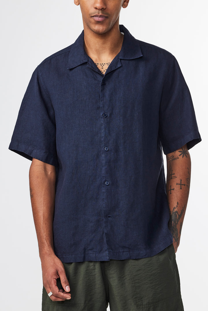 NN07 Julio SS NO PKT 5706 Linen Shirt in Navy Blue | Buster McGee