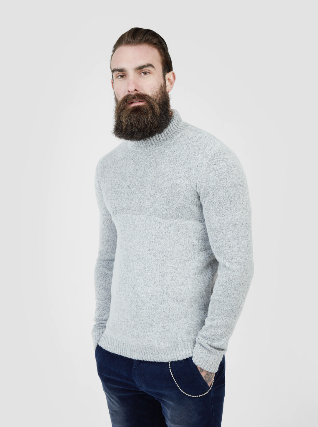 Pearly King Earthling Low Turtle Neck Knit in Light Grey