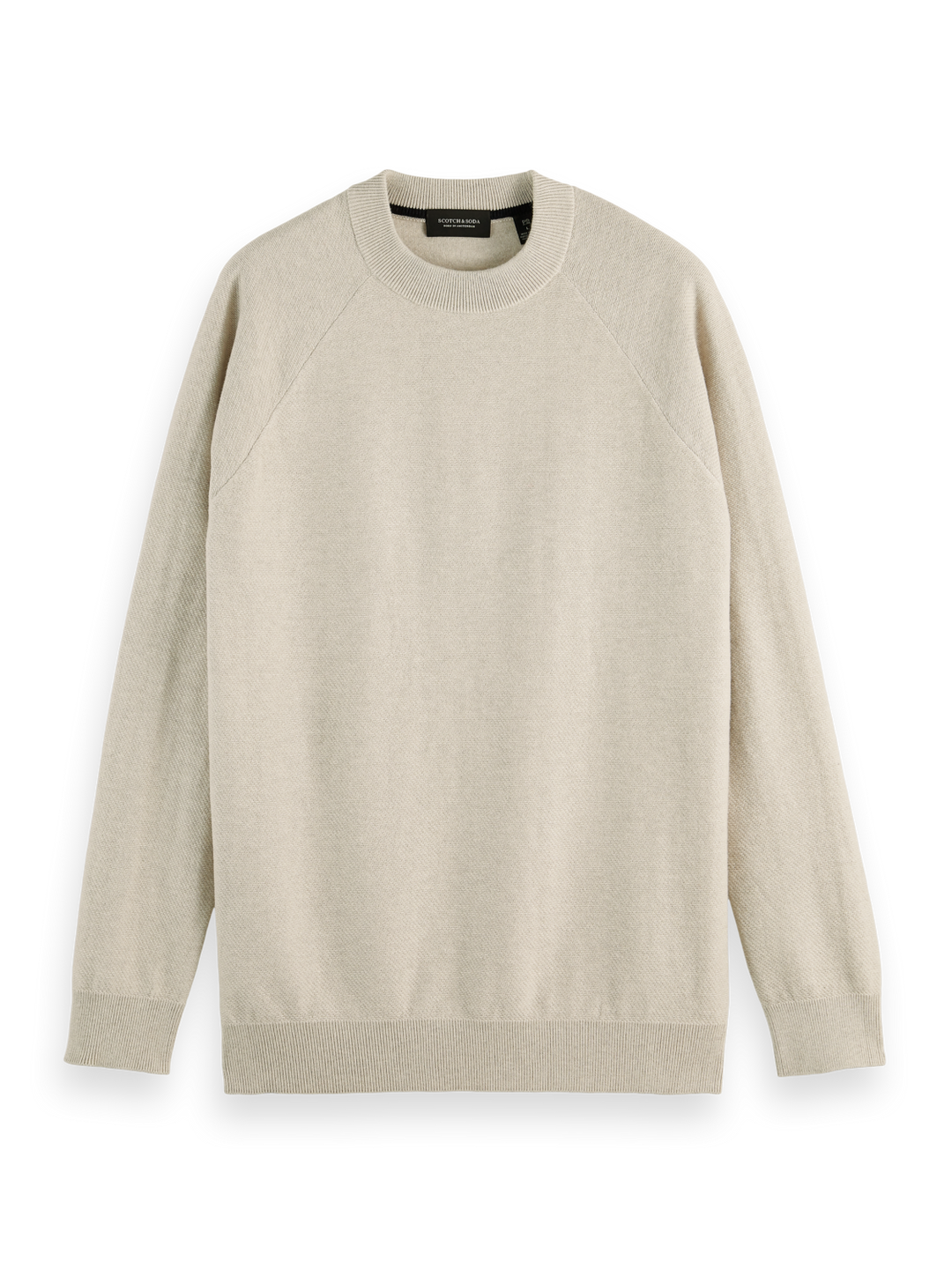 Structure-Knitted Raglan Sleeve Pullover in Stone Melange 
