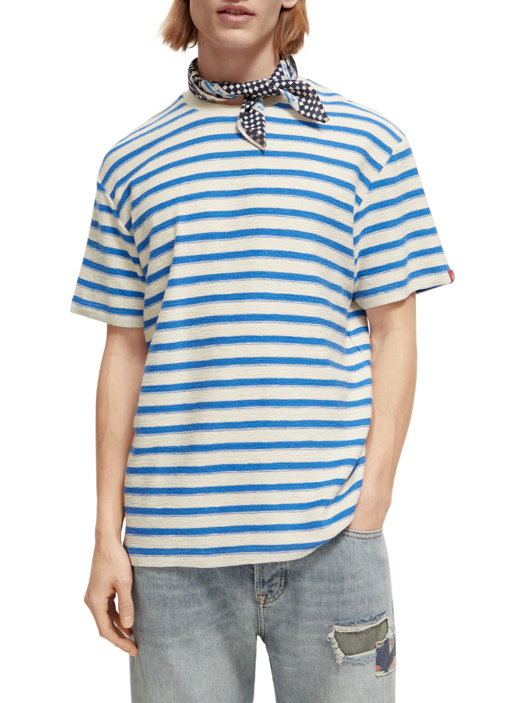 Relaxed Fit Yarn Dye Stripe Tee Shirt in Ecru Blue | Buster McGee