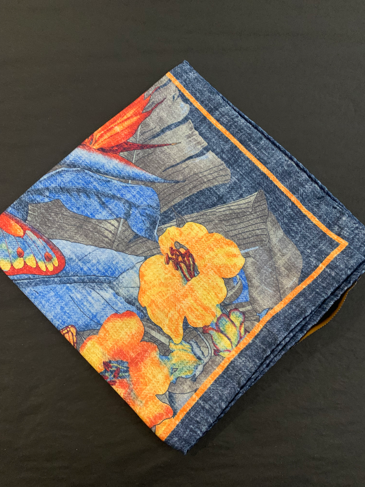 Monti Castello - Tropical Flowers and Butterflies Silk Pocket Square